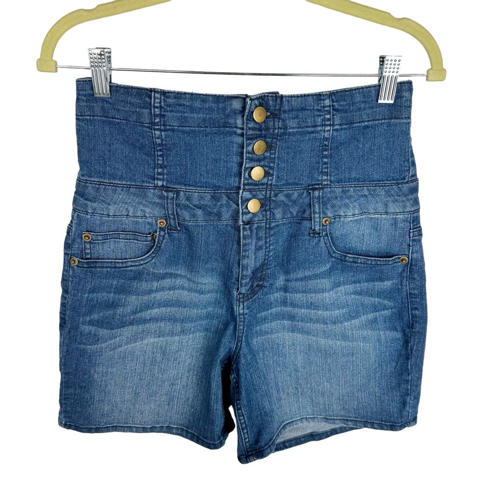 Forever 21 Blue Medium Wash Denim Super High Waist Button Up Jean Shorts Sz 30